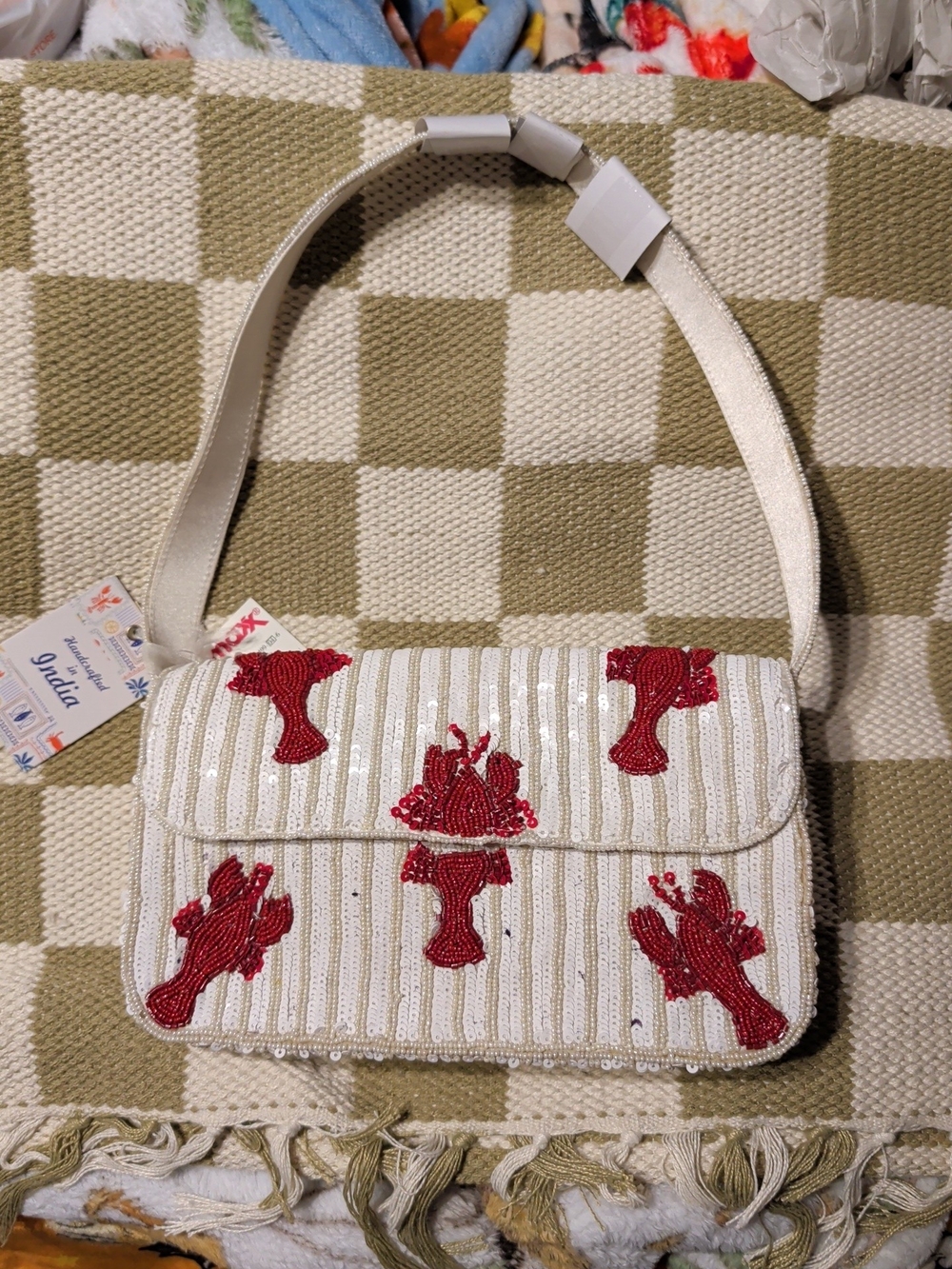 Embellished White Shoulder Bag with Red Beaded Lobster Detail Nwt India